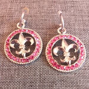 French Symbol Fleur de Lys / Lis Earrings w/ Pink Crystals - Pre-loved (1.5")